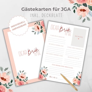 Gästekarte JGA personalisierbar, Ausfüllkarte JGA, JGA-Spiel, Aktivität Brautparty, Blumen Design rosa pink, Boho Rosen, Canva Vorlage