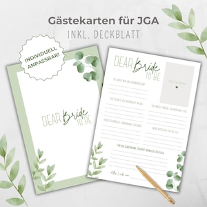 Tarjeta de invitado personalizable JGA, tarjeta para completar JGA, juego JGA, actividad de despedida de soltera, diseño botánico boho verde, eucalipto, plantilla Canva