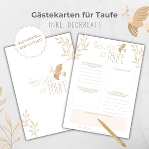 Cartão de livro de visitas de batismo, livro de visitas, modelo Canva, cartões de convidados, pomba bege dourado, lembrete de atividades de festa de batismo, para preencher para os convidados