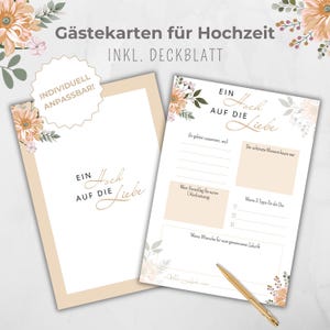 Gästebuchkarte Hochzeit, Gastkarten Hochzeitsfeier, Gästekarten, Party Aktivität Erinnerung, zum ausfüllen für Gäste, Blumen rosa beige