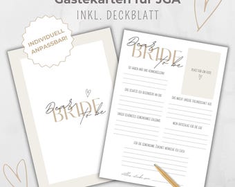 May include: A printable set of cards for a bridal shower or bachelorette party. The cards are white with brown text and a heart design. The text on the cards says "Dear Bride to Be" and includes prompts for guests to write messages to the bride.