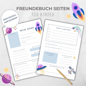 Freundebuch Seiten Kinder personalisierbar, Freundschaftsbuch Karten Weltraum, Gästebuchkarten, Geschenk Geburtstag Abschied, Canva Vorlage