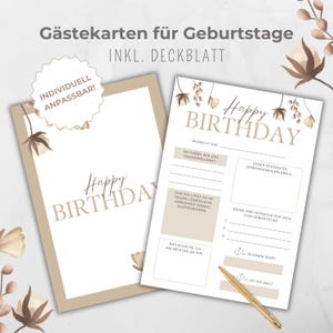 Carte d'invité d'anniversaire, cartes d'invités, modèle Canva, activité de fête, à remplir pour les invités, design beige élégant