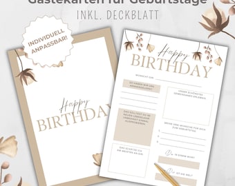 Birthday guest card, guest cards, Canva template, party activity, to fill out for guests, elegant beige design