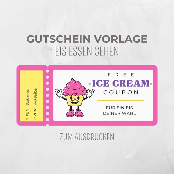 Gutschein Vorlage Eis zum ausfüllen, personalisierbarer Retro Gutschein zum ausdrucken, Last Minute Geschenk, Geschenkidee Geburtstag