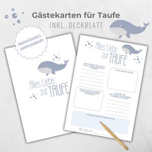 Cartão de livro de visitas para batismo, livro de visitas, modelo Canva, cartões de convidados, baleia cinza azul, lembrete de atividade para cerimônia de batismo, para preencher para os convidados