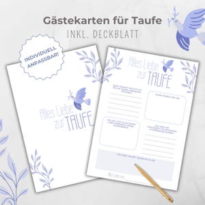 Gästebuchkarte Taufe, Gästebuch, Canva Vorlage, Gästekarten, Taube blau, Tauffeier Aktivität Erinnerung, zum ausfüllen für Gäste