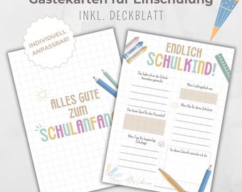 Può includere: Set di cancelleria di due pagine con il testo "Gästekarten für Einschulung" e "INKL. DECKBLATT". La pagina sinistra dice "ALLES GUTE ZUM SCHULANFANG" e la pagina destra dice "ENDLICH SCHULKIND!". Include illustrazioni di matite, un righello e un cono scolastico.