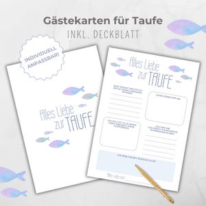 Gastenboekkaartdoop, gastenboek, Canva-sjabloon, gastenkaarten, vissymbool paars blauw, herinnering aan doopfeestactiviteit, om in te vullen voor gasten