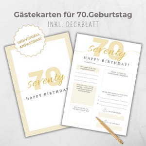 Gästebuchkarte 70. Geburtstag, Gastkarten Canva Vorlage, Gästekarten, Party Aktivität Erinnerung, zum ausfüllen für Gäste, gold beige