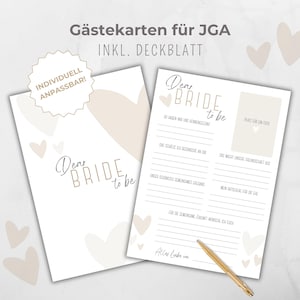 Gästekarte JGA personalisierbar, Ausfüllkarte JGA, JGA-Spiel, Aktivität Brautparty, elegantes Boho Design, beige Herzen, Canva Vorlage