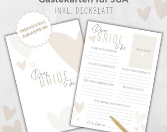 JGA guest card customizable, JGA fill-in card, JGA game, bridal shower activity, elegant boho design, beige hearts, Canva template