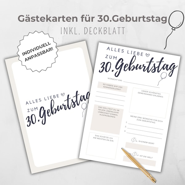 Guest book card 30th birthday, guest cards, party activity reminder, guest book to fill out, customizable by Canva template