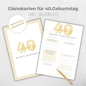 Gästebuchkarte 40. Geburtstag, Gastkarten Canva Vorlage, Gästekarten, Party Aktivität Erinnerung, zum ausfüllen für Gäste, gold beige