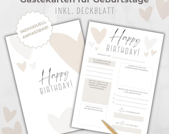 May include: Two white birthday cards with the words "Happy Birthday" in elegant script. The cards have a beige heart design and fill-in-the-blank prompts. The top card has the text "Gästekarten für Geburtstage" and "INKL. DECKBLATT".