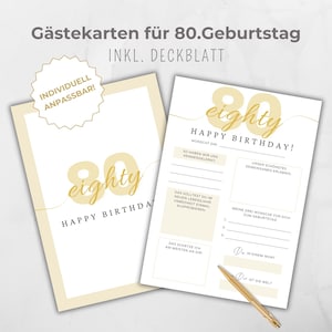 Gästebuchkarte 80. Geburtstag, Gastkarten Canva Vorlage, Gästekarten, Party Aktivität Erinnerung, zum ausfüllen für Gäste, gold beige