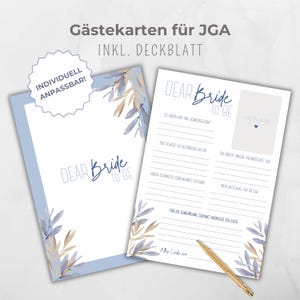 Gästekarte JGA personalisierbar, Ausfüllkarte JGA, JGA-Spiel, Aktivität Brautparty, Botanical Boho Blätter Design blau, Canva Vorlage