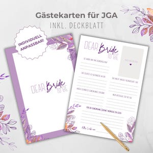 Gästekarte JGA personalisierbar, Ausfüllkarte JGA, JGA-Spiel, Aktivität Brautparty, Botanical Design rosa lila Boho, Canva Vorlage