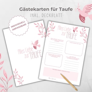 Gästebuchkarte Taufe, Gästebuch, Canva Vorlage, Gästekarten, Taube rosa rot, Tauffeier Aktivität Erinnerung, zum ausfüllen für Gäste