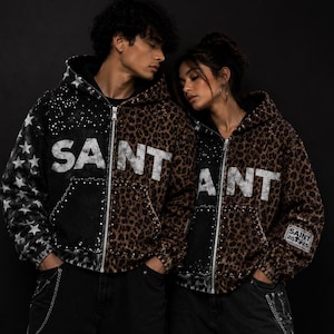 Kapuzenpullover mit Leopardenmuster und Reißverschluss, schwarze Streetwear-Jacke mit Strasssteinen, Sternenmuster im Y2K-Grunge-Stil, Unisex-Hoodie mit Statement-Motiv