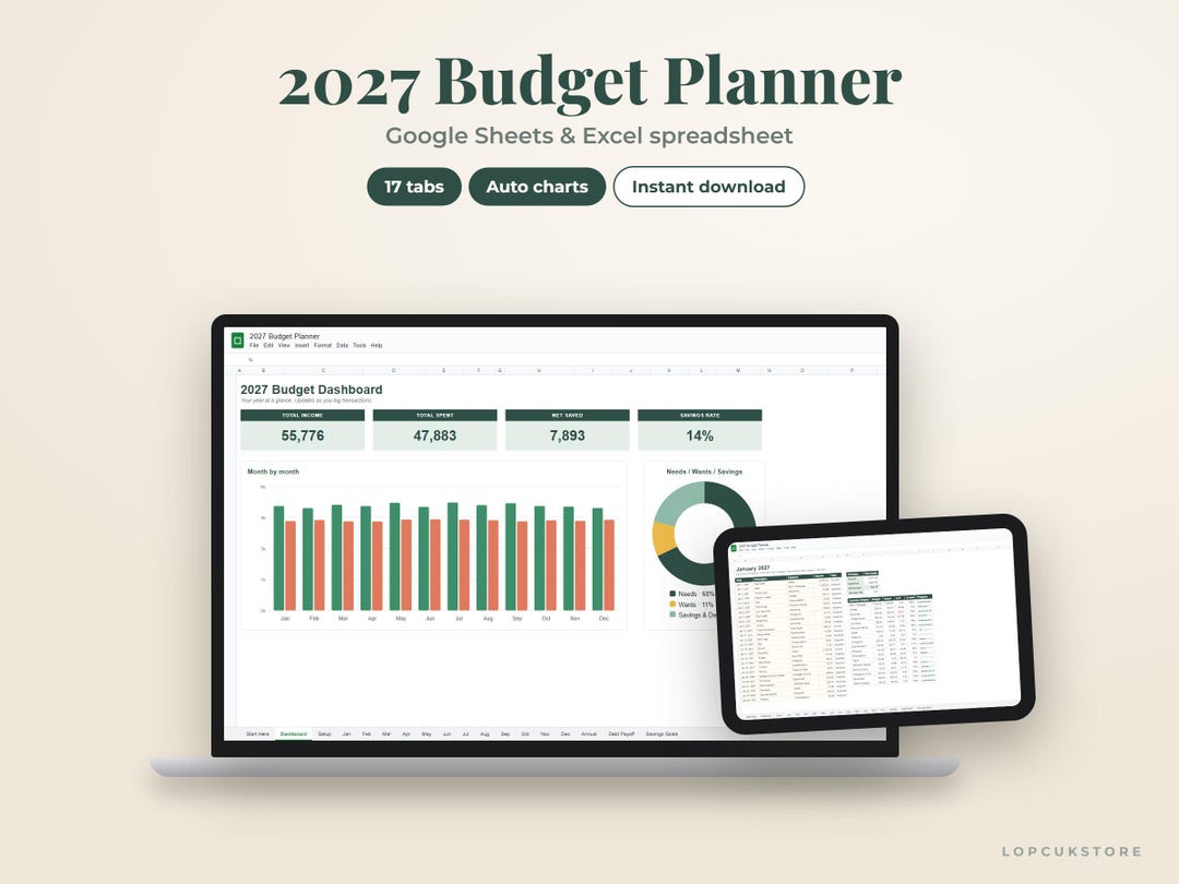 2027 Budget Planner Spreadsheet, Google Sheets & Excel Budget Template ...