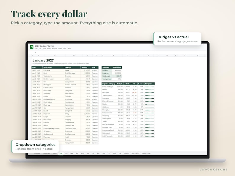 2027 Budget Planner Spreadsheet, Google Sheets & Excel Budget Template ...