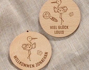 Birth pendant with stork - gift pendant for birth. Personalizable gift for newborns