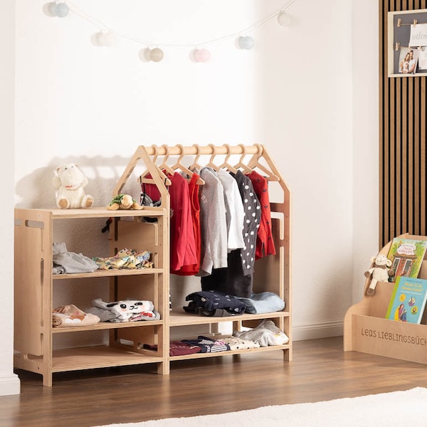 Kindergarderobe met kledingstandaard en ladekast als set of afzonderlijk. Montessori-garderobe voor kinderen om zelfstandig te leren