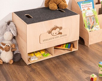 Spielzeugkiste für Kinder mit viel Stauraum und Sitzgelegenheit - Raumwunder mit individueller Gravur für  Aufgeräumte Kinderzimmer