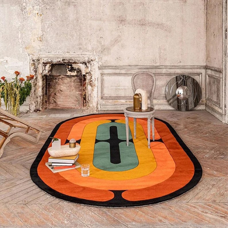 Abstract Throw Rug Multicolor Oval Rug Contemporary Living Etsy