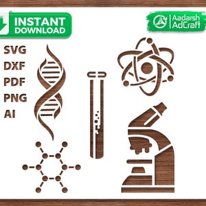 May include: A white background features brown stencils of scientific elements, including a DNA strand, test tube, atom model, microscope, and a molecular structure. The image includes the text "INSTANT DOWNLOAD" and file type options.