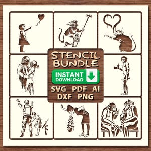 May include: A stencil bundle featuring Banksy-style art. The designs include a girl with a heart-shaped balloon, a rat with a paintbrush, and a couple in gas masks. The center graphic reads "Stencil Bundle" with "Instant Download" and file type options.