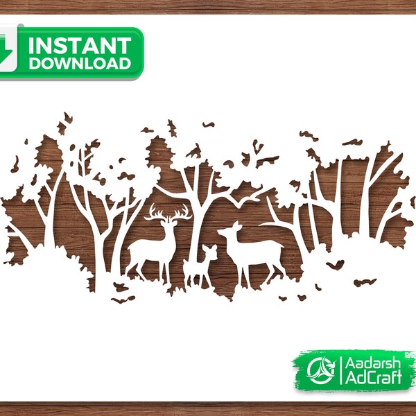 Deer Family in Forest Stencil Art, SVG, Dxf, Digital Download, Buck Art, Elk Stencil, DIY, Craft, Wall Art, Home Decor, Cricut, Silhouette