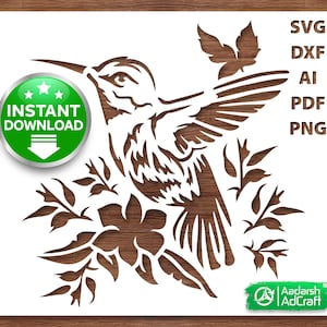 May include: A digital cut file design featuring a hummingbird with outstretched wings, perched on a branch with flowers. The design is available in SVG, DXF, AI, PDF, and PNG formats. Instant download.