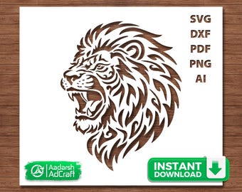 Lion Head SVG, Roaring Lion Stencil SVG, Wild Lion Cut File for Cricut, Tribal Lion SVG, Wildlife Laser Cut, Animal Decor