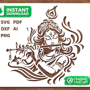 May include: A brown and white illustration of a deity playing a flute, with intricate details and flowing hair. The image includes the text "INSTANT DOWNLOAD" and file type options: SVG, PDF, DXF, AI, and PNG. The logo of Aadarsh AdCraft is also present.