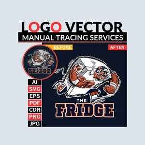 Könnte beinhalten: Grafik mit einer Illustration eines Footballspielers mit dem Text "THE FRIDGE" in Orange und Weiß. Das Bild enthält auch den Text "LOGO VECTOR MANUAL TRACING SERVICES" und Dateiformatoptionen wie SVG und JPG.