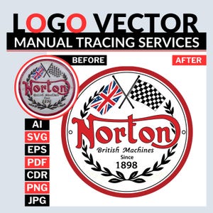 Peut inclure: Graphique publicitaire pour "LOGO VECTOR MANUAL TRACING SERVICES". Il présente une comparaison "AVANT" et "APRÈS" d'un logo "Norton British Machines Since 1898". L'image comprend des icônes de format de fichier : AI, SVG, EPS, PDF, CDR, PNG et JPG.