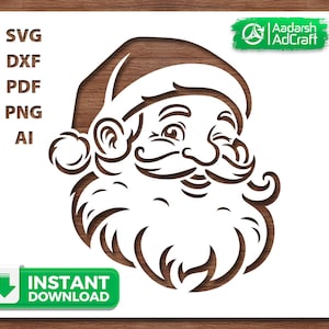 Può includere: Un disegno del viso di Babbo Natale bianco e marrone. L'immagine include il testo "SVG, DXF, PDF, PNG, AI" e "Download istantaneo". Il volto di Babbo Natale fa l'occhiolino e ha una lunga barba e baffi.