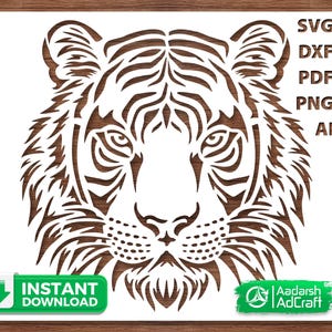 Puede incluir: Un diseño detallado de la cara de un tigre en marrón, recortado de un fondo blanco. La imagen incluye el texto "INSTANT DOWNLOAD" y opciones de tipo de archivo: SVG, DXF, PDF, PNG y AI. El diseño es de Aadarsh AdCraft.