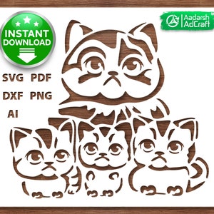 Cute Cat Family Kitten Stencil, Cat Vector Stencil Art, Kitten Print, Pet Stencil, SVG, dxf, Wall Décor, DIY Crafting, Laser Cut, Silhouette