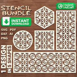 May include: A stencil bundle featuring a geometric design in five shapes. The shapes include a hexagon, rectangle, square, oval, and a long rectangle. The words "STENCIL BUNDLE" and "INSTANT DOWNLOAD" are visible.