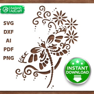 Dragonfly Flowers Stencil Art, Vector SVG, dxf, Dragonfly Stencil, Floral Print, Wall Decor Pattern Art, DIY, Laser Cut, Cricut, Silhouette