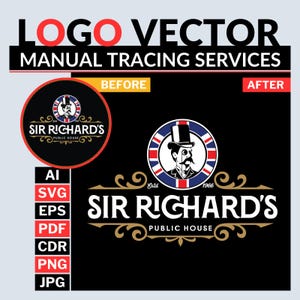 Peut inclure: Graphique noir avec le texte « LOGO VECTOR MANUAL TRACING SERVICES ». Il présente une comparaison avant/après d'un logo de pub, « Sir Richard's Public House », avec des icônes de format de fichier : AI, SVG, EPS, PDF, CDR, PNG et JPG.