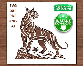 Bobcat SVG, Wild Bobcat Stencil Cut File for Cricut, Lynx Standing on Rock SVG, Wildlife Laser Cut, Wood Sign, Animal Decor