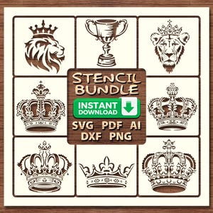 Stencil Bundle of King Queen Vintage Crown & Lion with Crown, Wall Decor, SVG, dxf, Wall Decor Pattern, DIY Craft, Laser, Cricut Silhouette