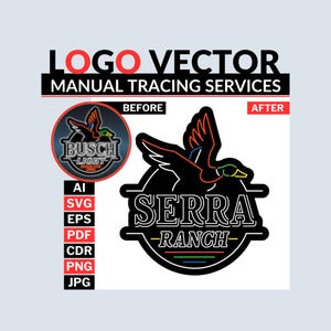 May include: A graphic design promoting logo vector services. The image shows a before-and-after comparison of a duck logo, with the text "LOGO VECTOR MANUAL TRACING SERVICES." File formats are listed below the "before" image.