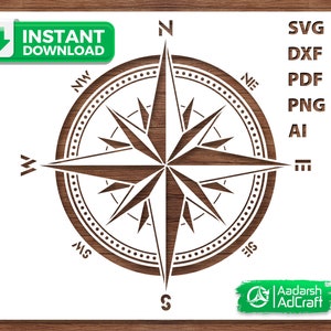 May include: A black and white compass rose with the directions North, South, East, and West labelled. The compass rose is surrounded by a circle with a dotted border. The words "INSTANT DOWNLOAD", "SVG", "DXF", "PDF", "PNG", "AI", and "Aadarsh AdCraft" are also visible.