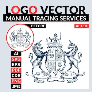 Puede incluir: Gráfico que ilustra los servicios de trazado manual de vectores de logotipos. La imagen muestra una comparación del antes y el después de un diseño de escudo de armas, con unicornios y un escudo. Los iconos de formato de archivo incluyen AI, SVG, EPS, PDF, CDR, PNG y JPG.