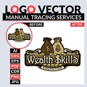 Puede incluir: Imagen que promociona "LOGO VECTOR MANUAL TRACING SERVICES." Presenta una comparación "ANTES" y "DESPUÉS" de un logotipo con sacos de dinero y monedas. El logotipo "Wealth Skills EDUCATION" es prominente, con iconos de formatos de archivo como AI, SVG, EPS, PDF, CDR, PNG y JPG.